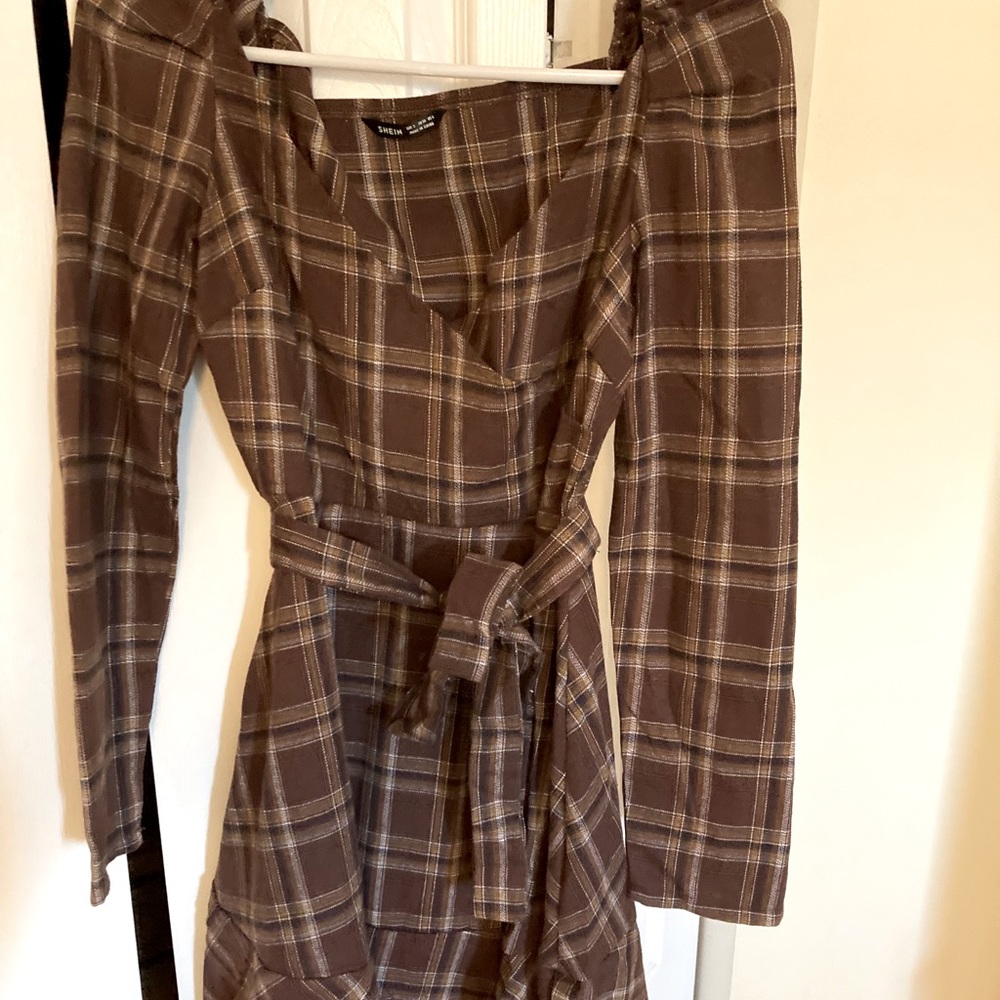Brown plaid dress with belt
